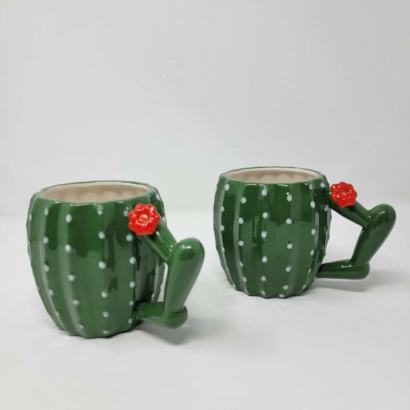Cactus Ceramic Mugs Green White Red Flower Set of 2 - Picture 3 of 12